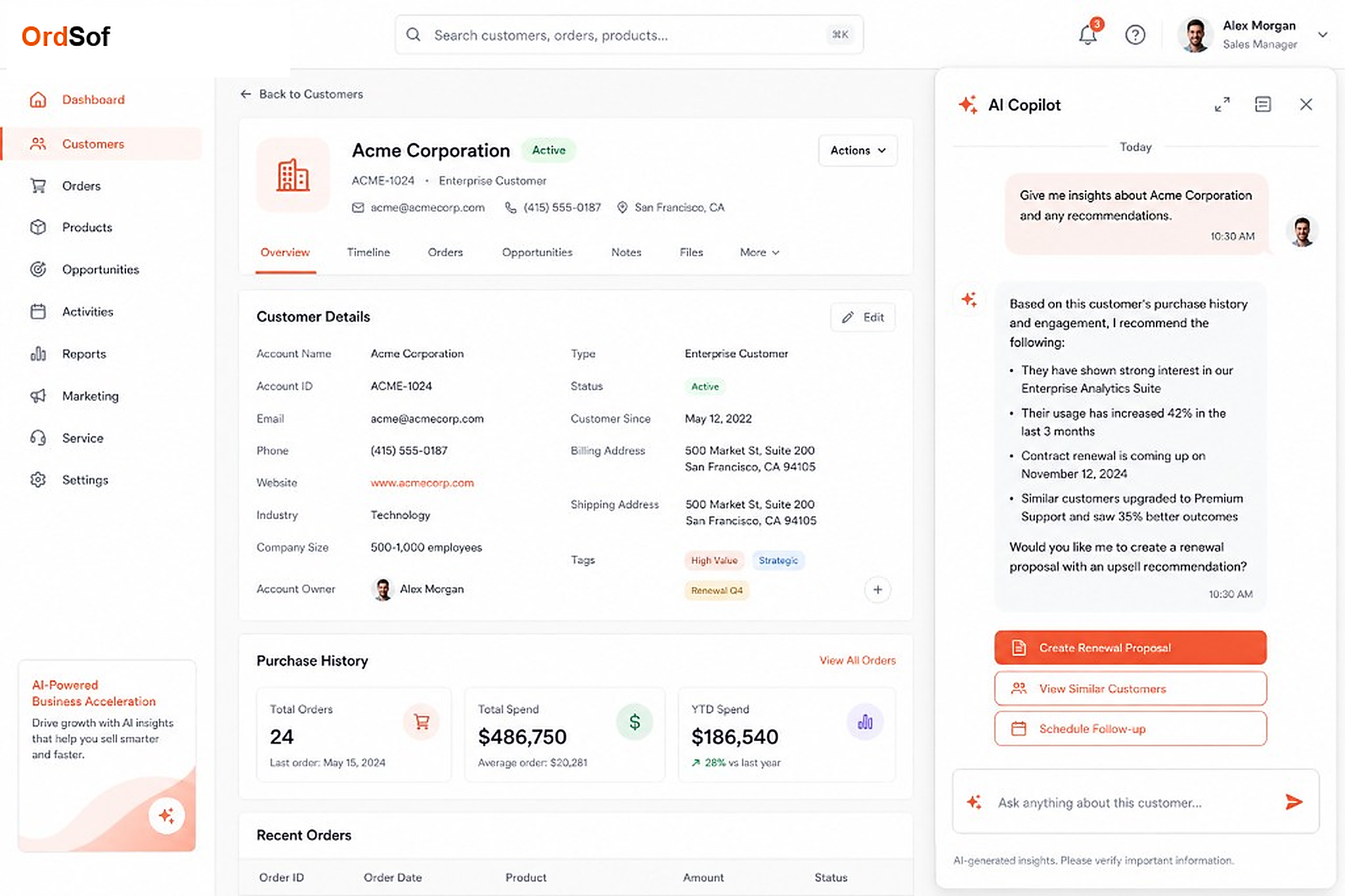 OrdSof customer profile with AI copilot suggestions